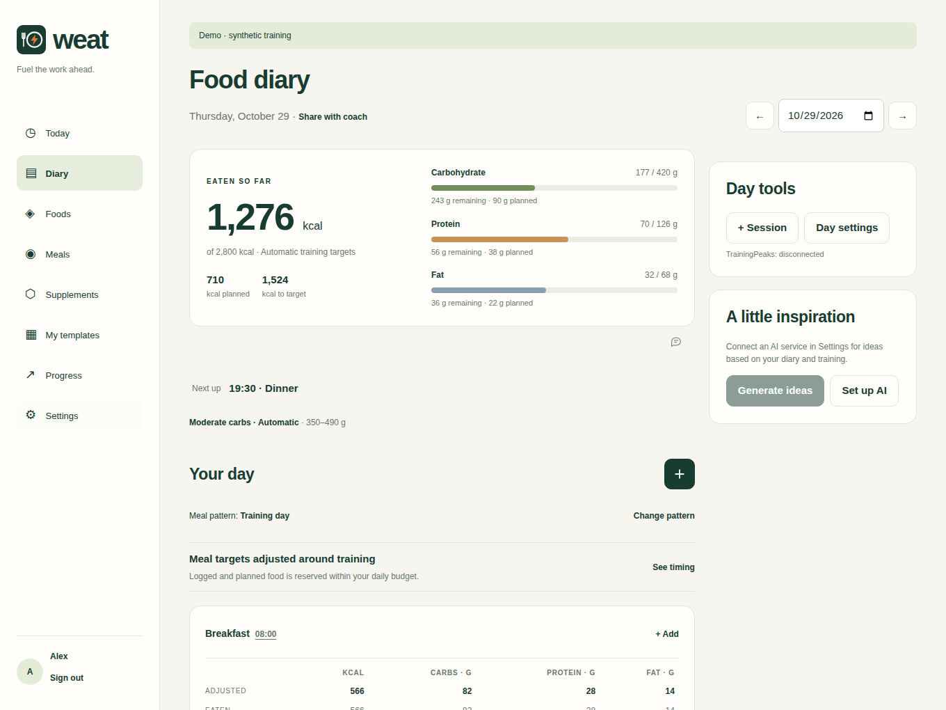 Daily energy and carbohydrate, protein and fat progress in Weat’s food diary